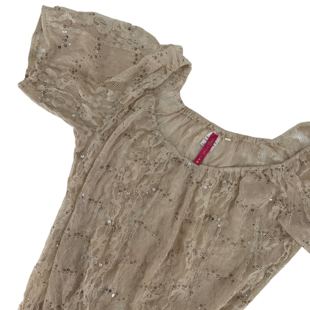 Heart Soul Y2K Lace Sequin Tan Smocked Waist Short‎ Sleeve Romantic Fairy Top XL